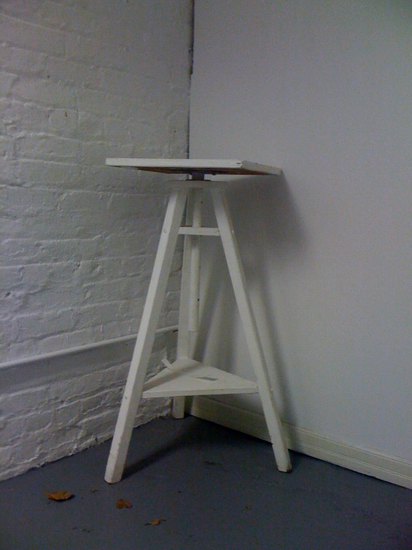 white-painted wooden tripod pedestal, 3 1/2 ft tall with 16x16 in sq top